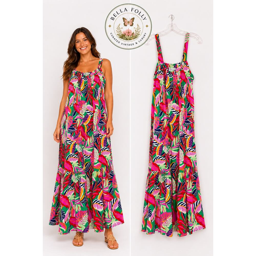 Goa by Japna Floral Tropical Print Tiered Hawaiian Maxi Dress Boho Beach XL EUC